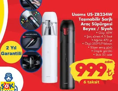 USAMS US-ZB234W TAŞINABİLİR ŞARJLI ARAÇ SÜPÜRGESİ BEYAZ / SİYAH